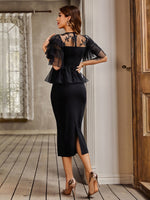 Butterfly Embroidery Mesh Insert Layered Sleeve Split Back Bodycon Dress