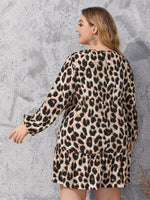 Plus Leopard Print Tie Neck Lantern Sleeve Ruffle Hem Dress