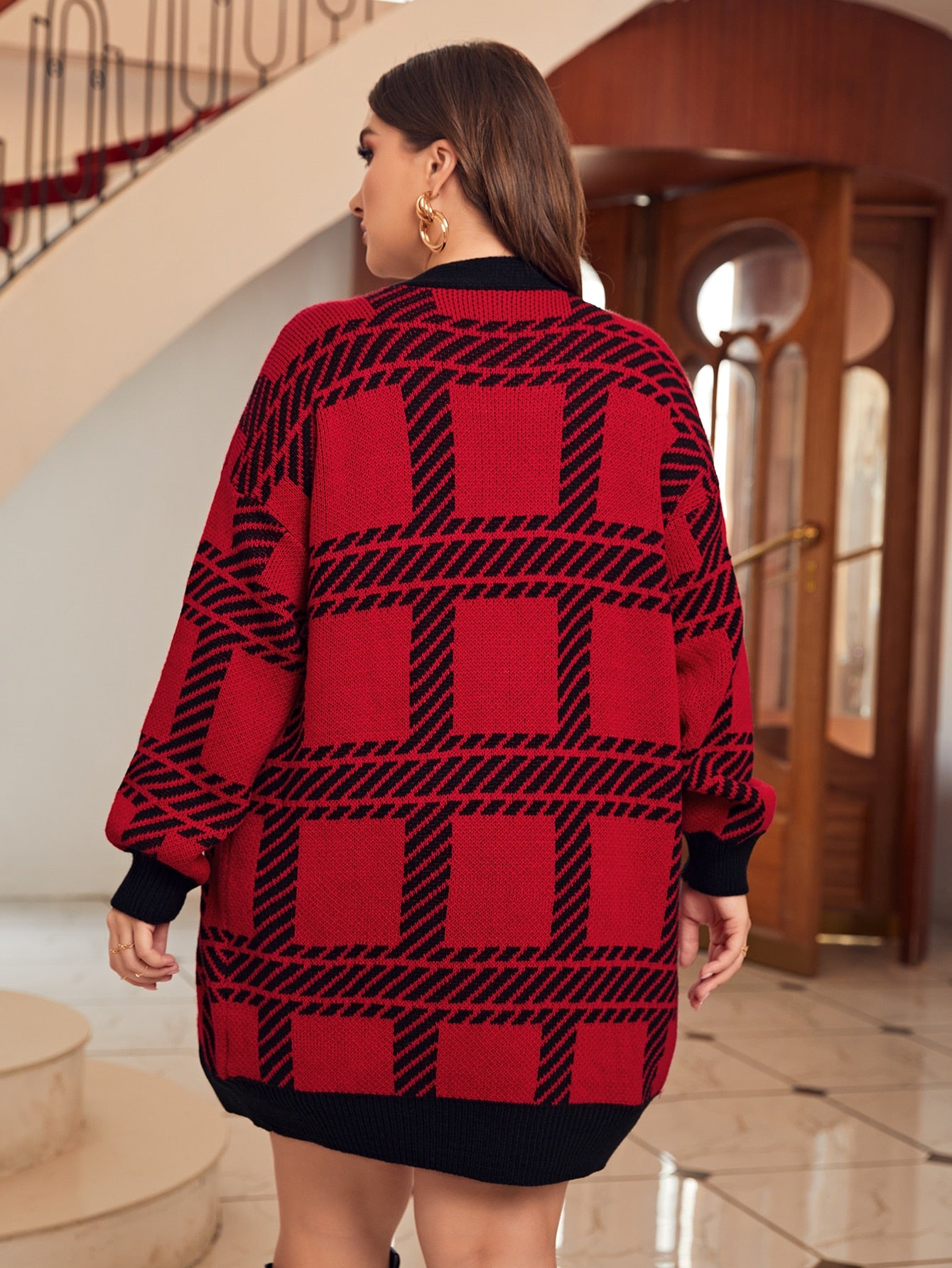 Plus Plaid Pattern Drop Shoulder Open Front Cardigan