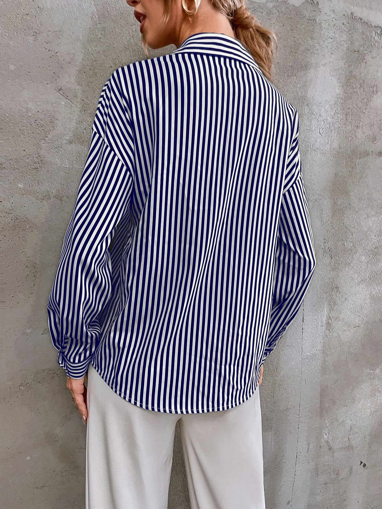 Striped Drop Shoulder Flap Detail Blouse