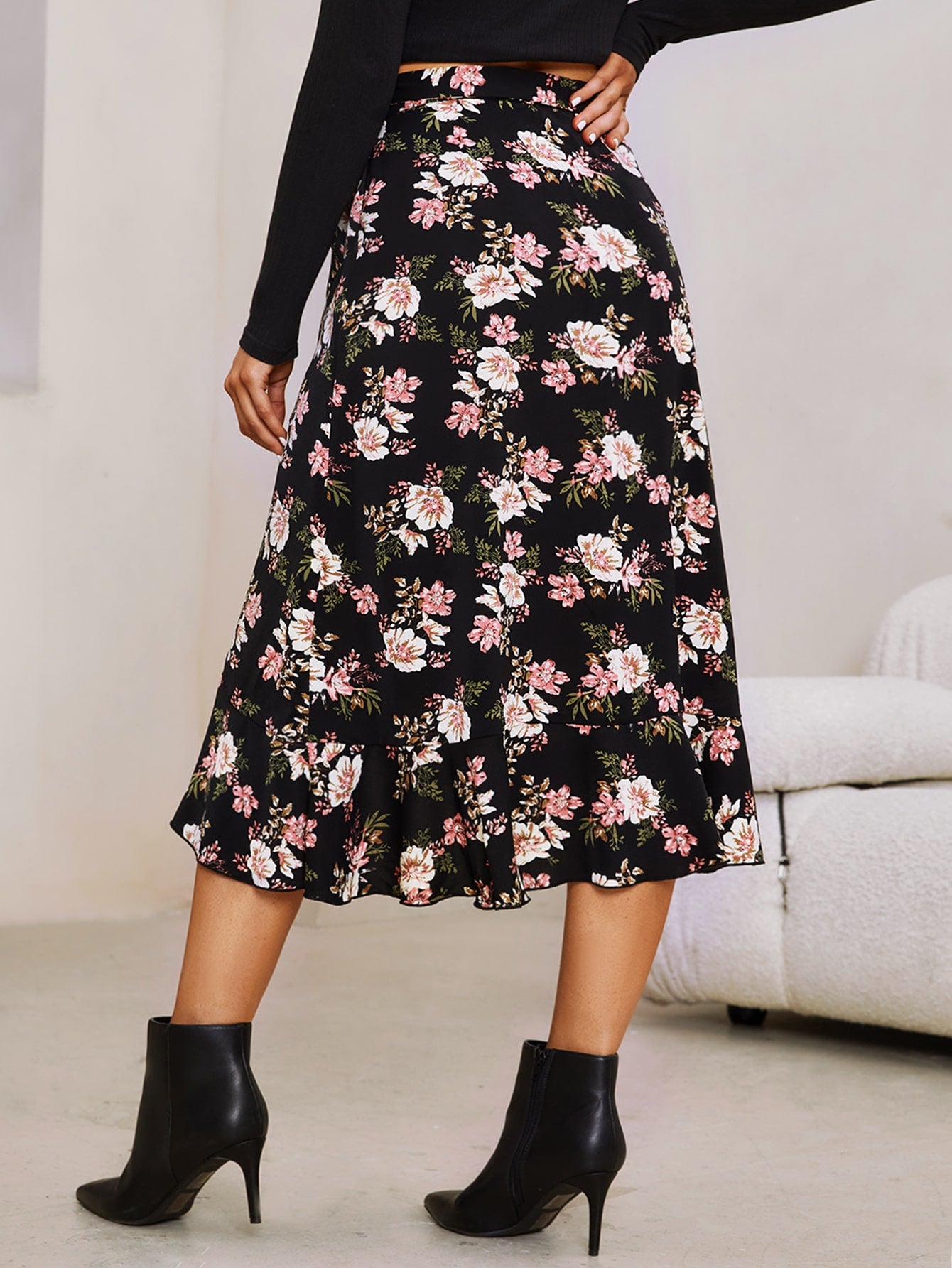 Floral Print Ruffle Hem Tie Side Wrap Skirt