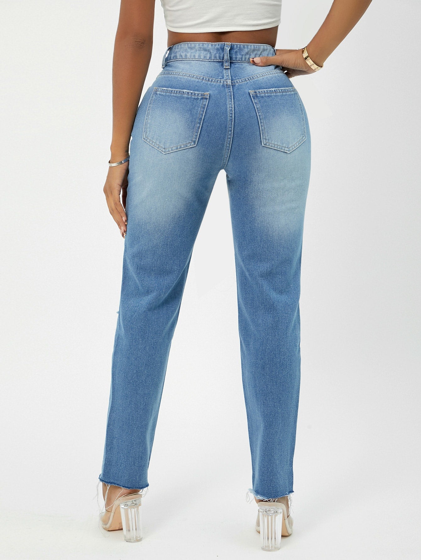 Slant Pocket Ripped Raw Cut Jeans