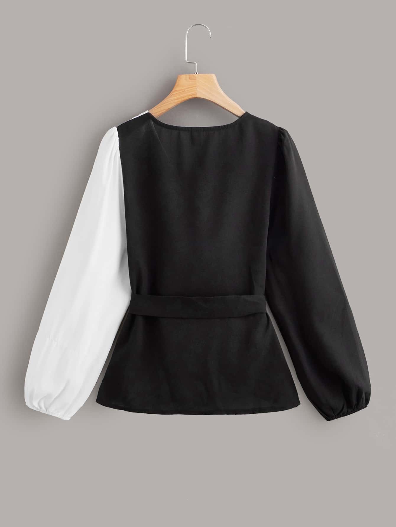 Two Tone Puff Sleeve Belted Blouse