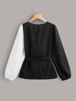 Two Tone Puff Sleeve Belted Blouse