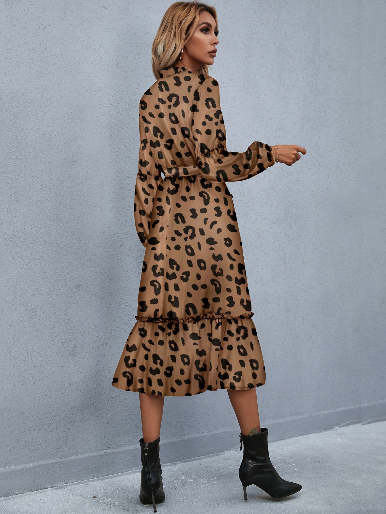 Leopard Lantern Sleeve Frill Trim Ruffle Hem Belted Dress
