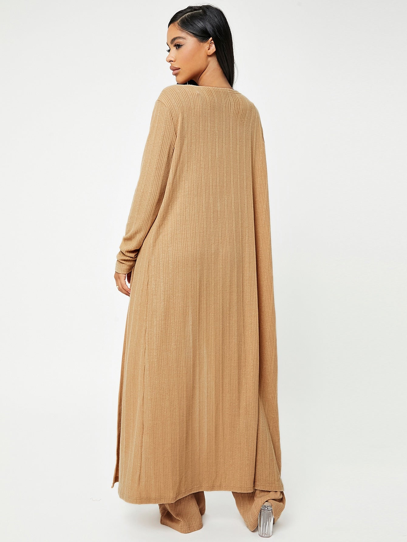 Ribbed Knit Cami Top & Flare Leg Pants & Coat