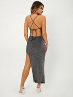 Criss-cross Tie Backless Split Thigh Glitter Cami Dress