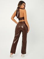 Tie Backless PU Leather Halter Top & Pants