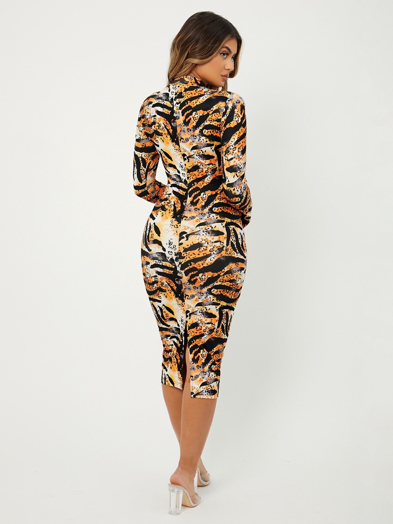 Tiger Striped & Leopard Print Slit Back Bodycon Dress