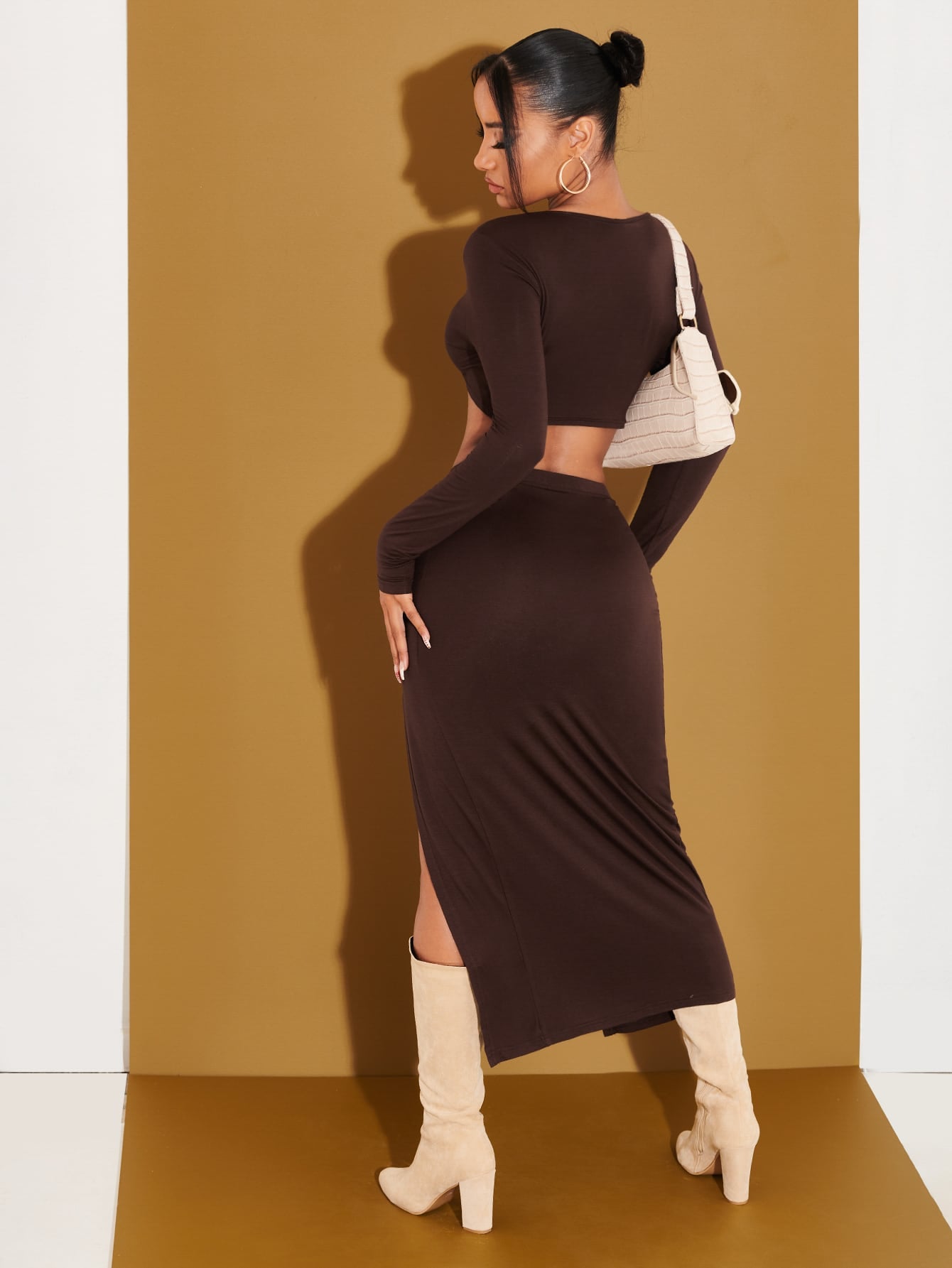 Crop Top & Single Breasted Slit Thigh Skirt