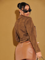 Zip Detail Belted Suede Biker Jacket