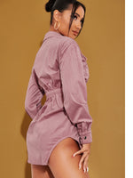 Flap Pocket Asymmetrical Hem Corduroy Shirt Dress