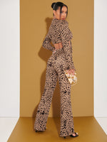 Dalmatian Print Trumpet Sleeve Tie Front Top & Flare Leg Pants