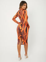 Allover Print Color Block Mock Neck Slit Back Bodycon Dress