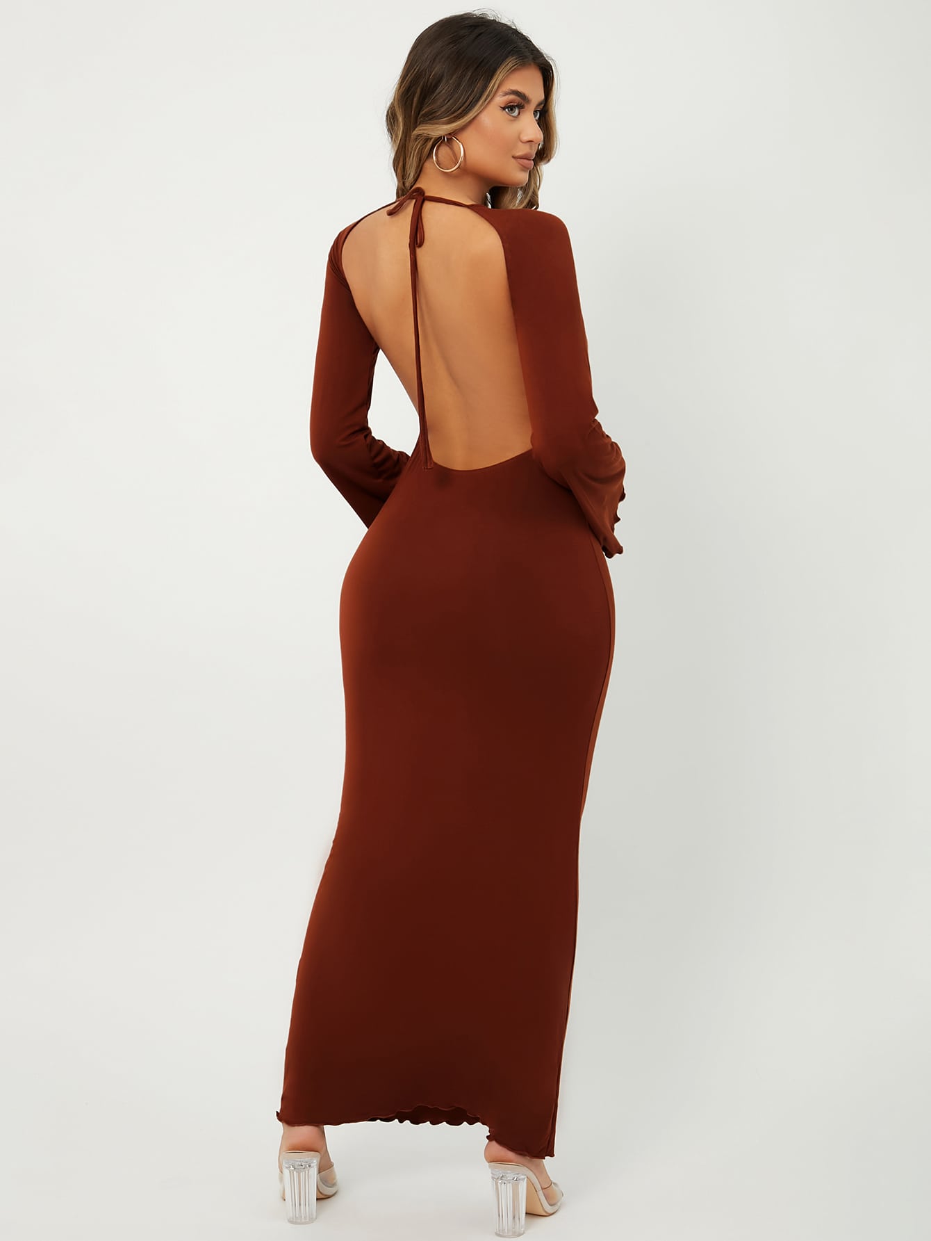 Tie Backless Flounce Sleeve Bodycon Dress