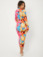 Floral Print Color Block Mock Neck Bodycon Dress