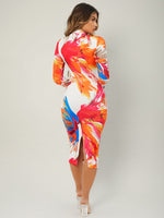 Brush Print Slit Back Mock Neck Bodycon Dress
