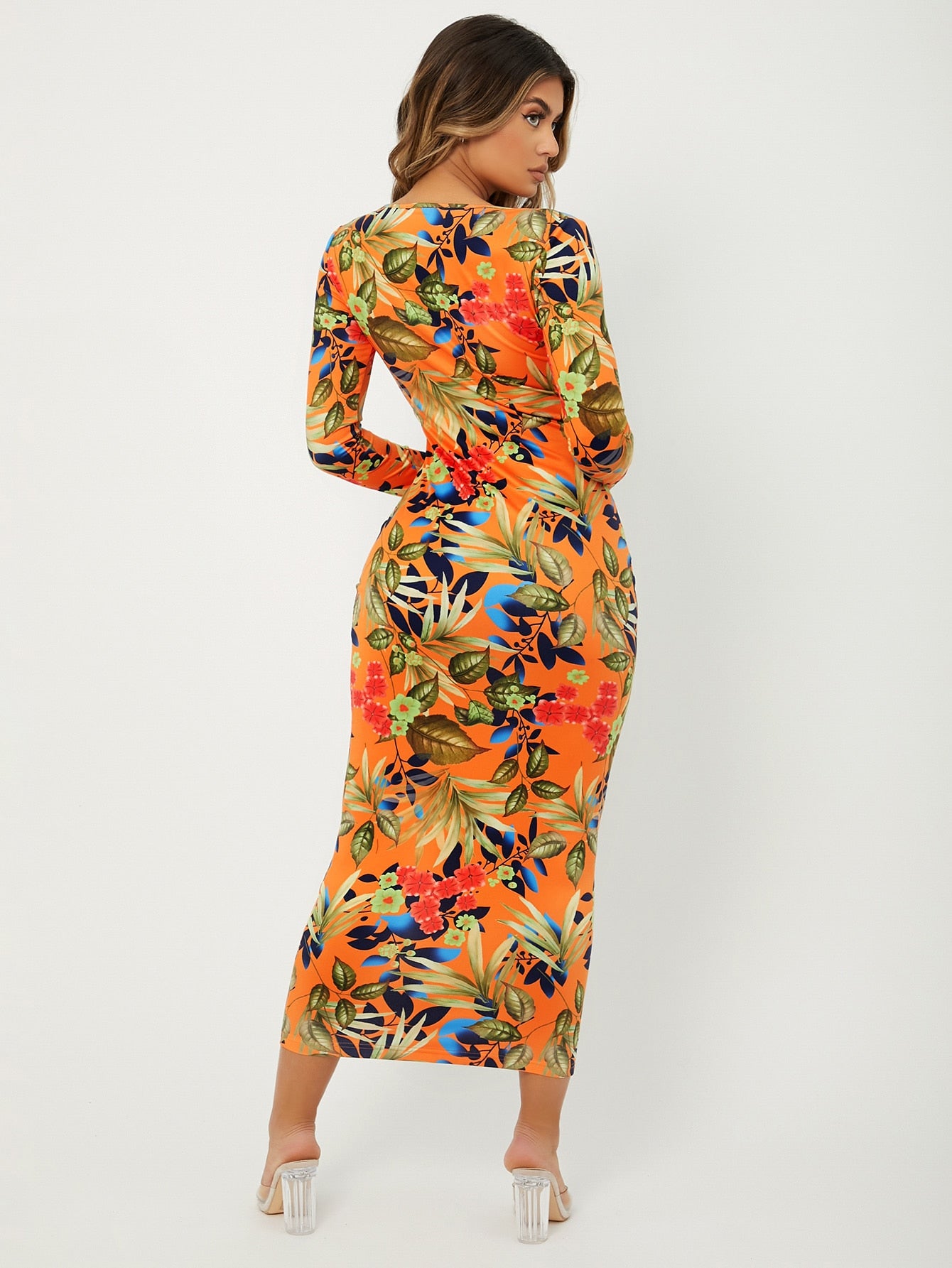 Tropical Print V-neck Bodycon Dress