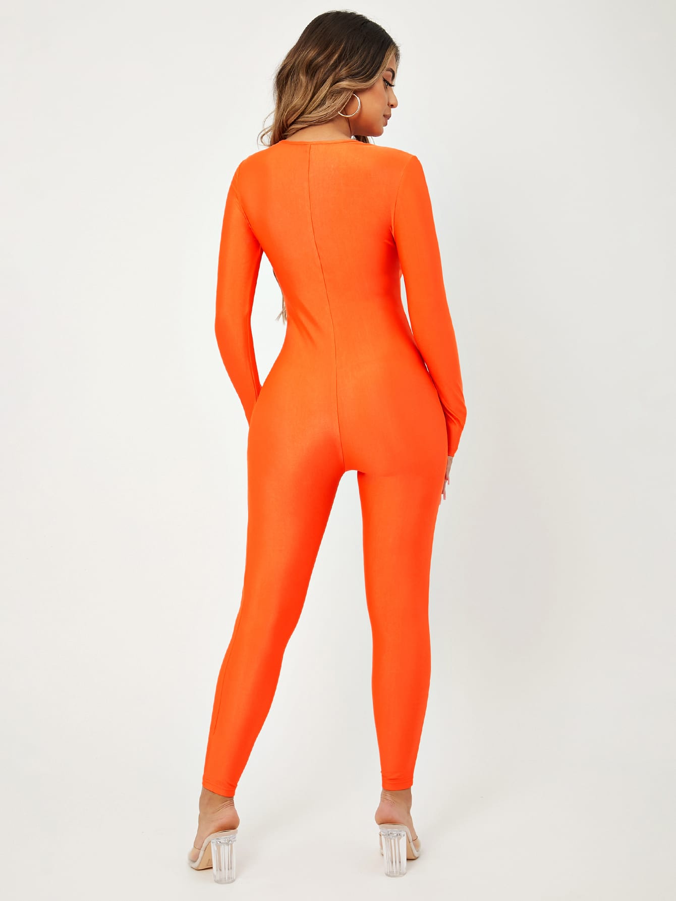 Neon Orange Solid V Neck Unitard Jumpsuit