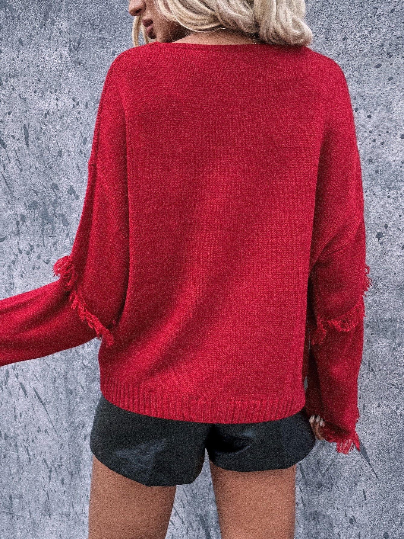 Drop Shoulder Fringe Trim Cable Knit Sweater