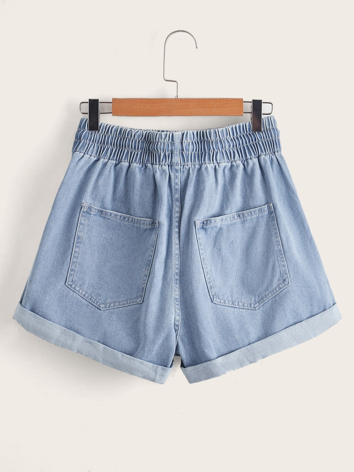 Drawstring Waist Roll Hem Denim Shorts