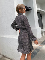 Dalmatian Print Lantern Sleeve Ruffle Hem Tie Neck Dress