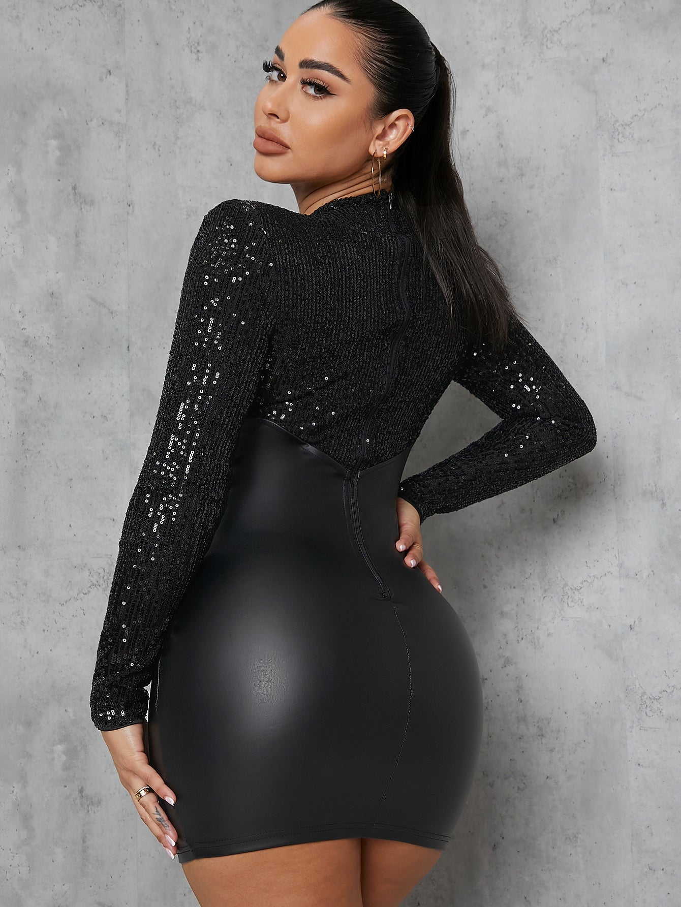 Sequin Bodice Faux Leather Bodycon Dress