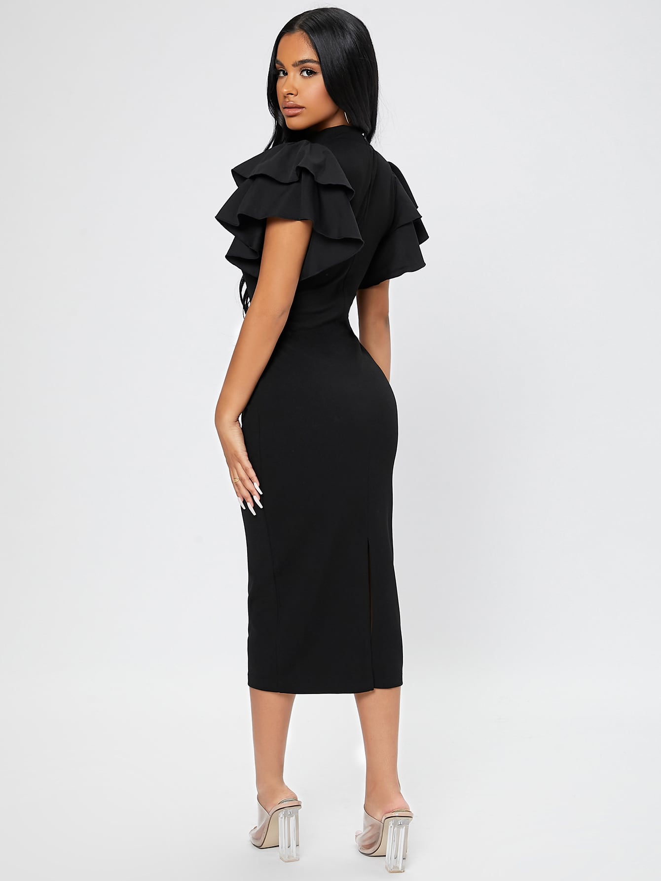Mock Neck Butterfly Sleeve Split Back Dress