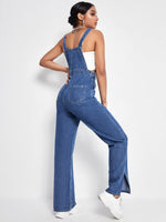 Slant Pocket Split Hem Denim Overalls