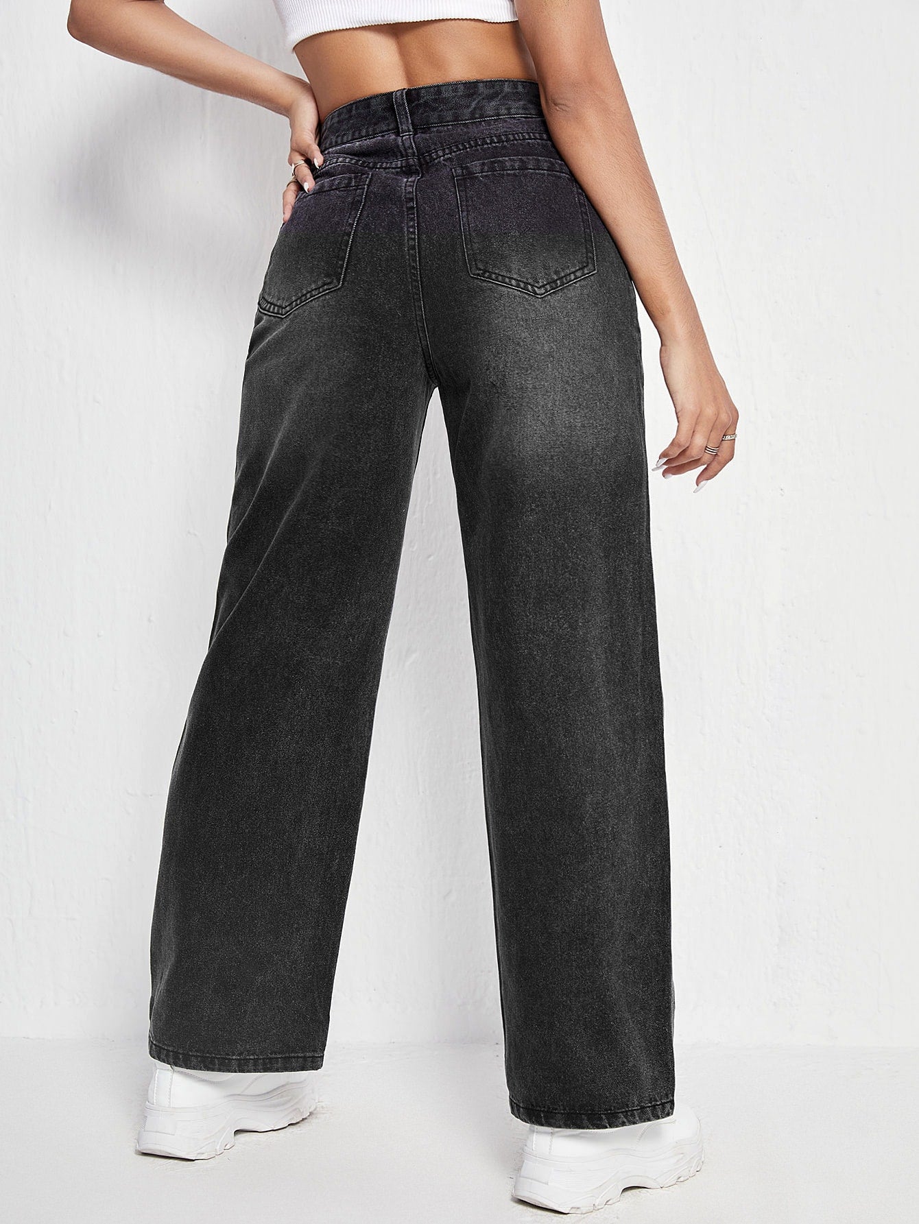 High Waist Bleach Wash Wide Leg Jeans