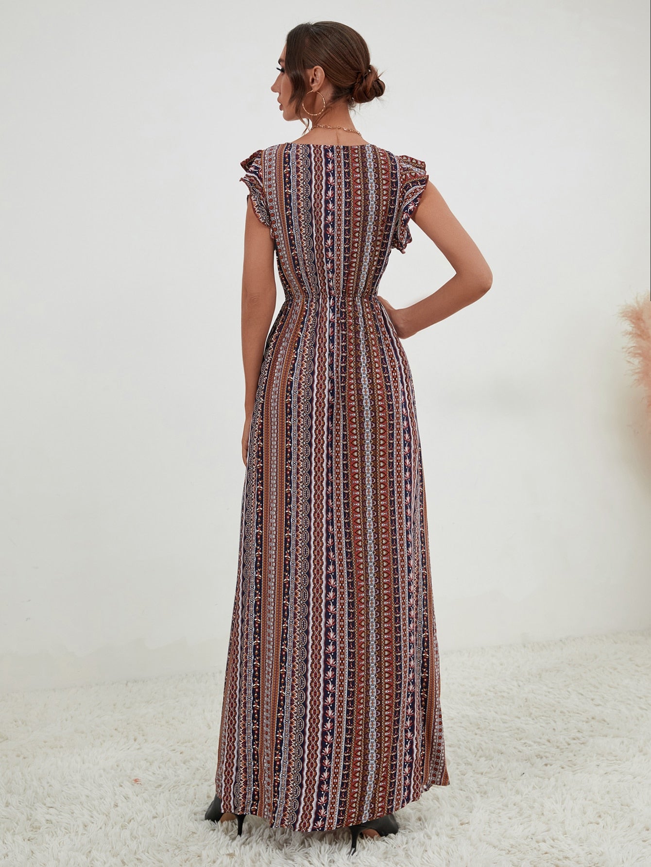 Geo & Floral Print Ruffle Trim Split Thigh Dress Without Belt