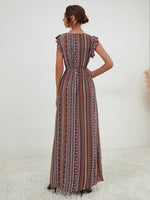 Geo & Floral Print Ruffle Trim Split Thigh Dress Without Belt