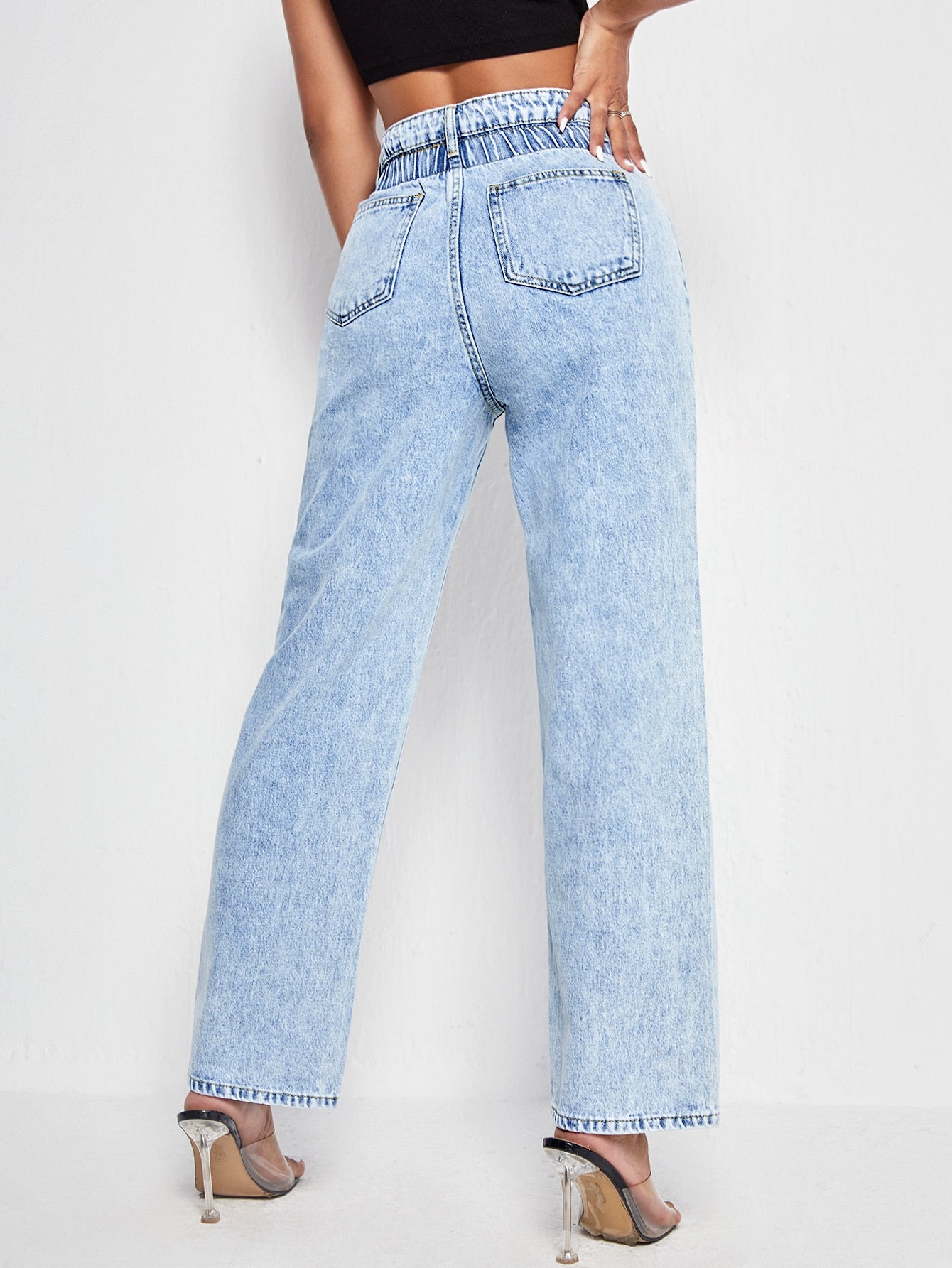 High Waist Slant Pocket Straight Leg Jeans
