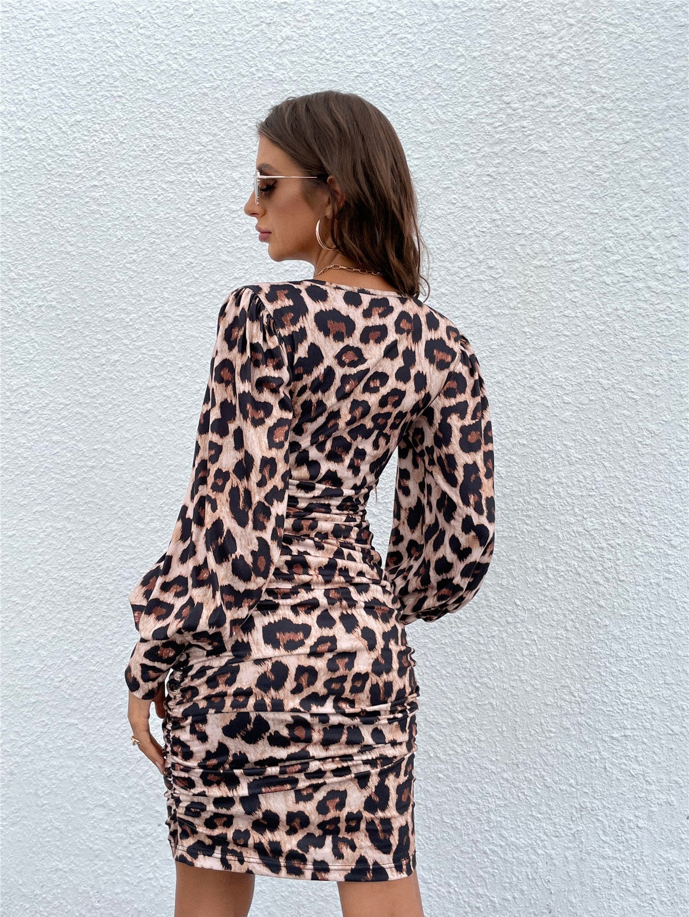 Leopard Print Lantern Sleeve Ruched Bodycon Dress
