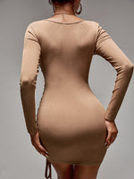 Ruched Drawstring Front Square Neck Bodycon Dress