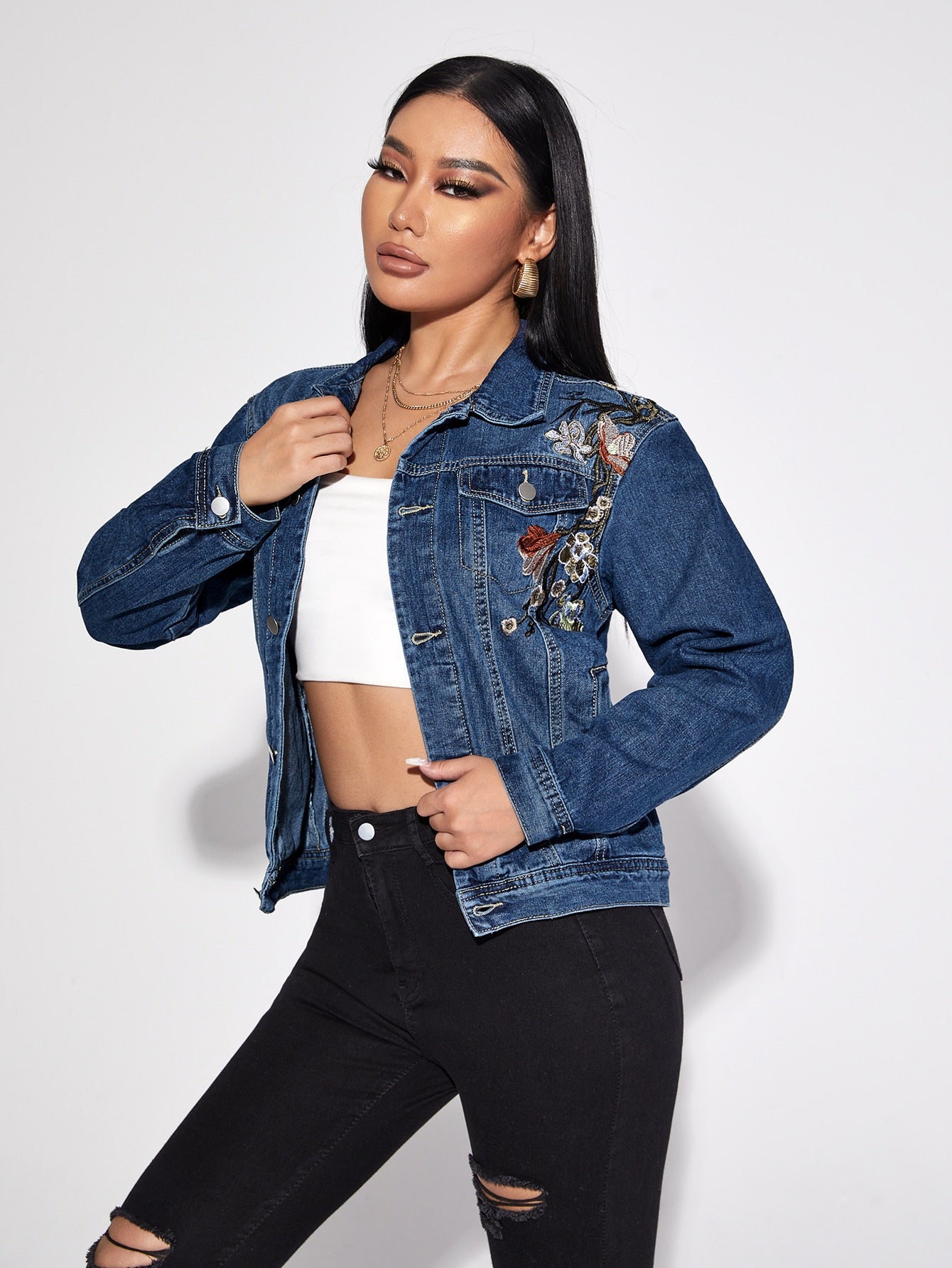 Floral Embroidery Flap Detail Denim Jacket