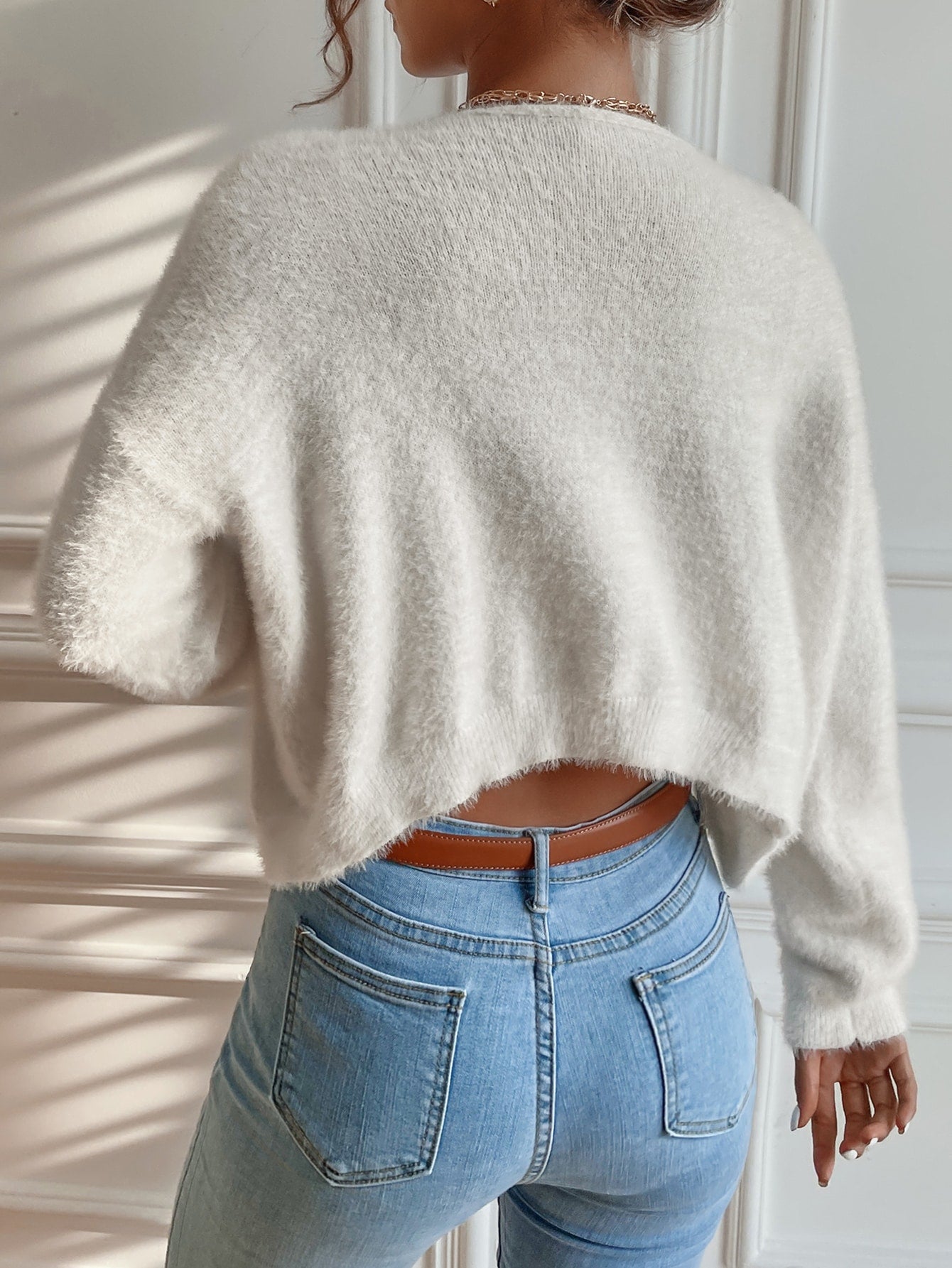 Pearls Beaded Drop Shoulder Fluffy Knit Cardigan