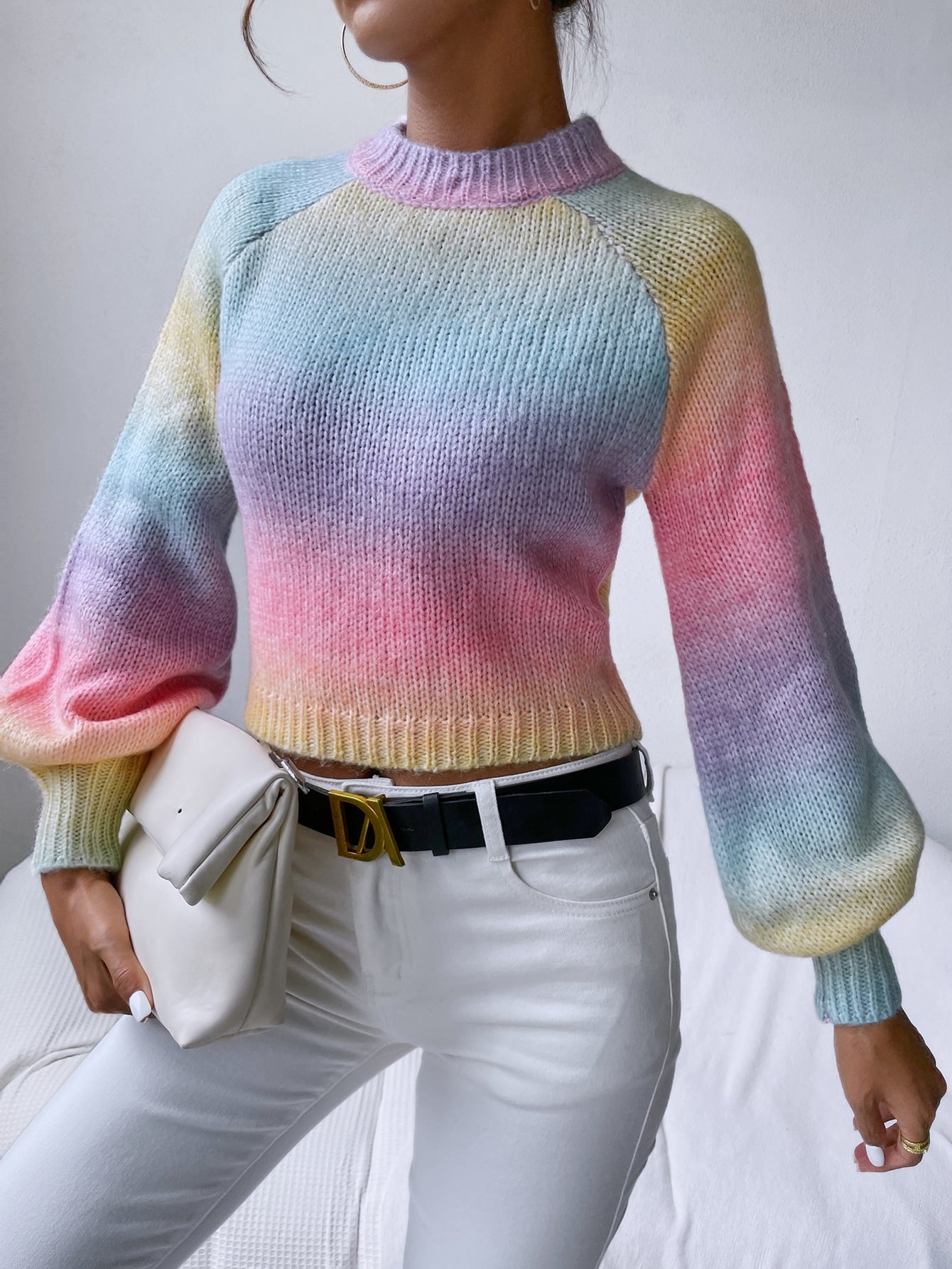 Ombre Lace Up Back Lantern Sleeve Crop Sweater