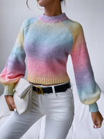 Ombre Lace Up Back Lantern Sleeve Crop Sweater