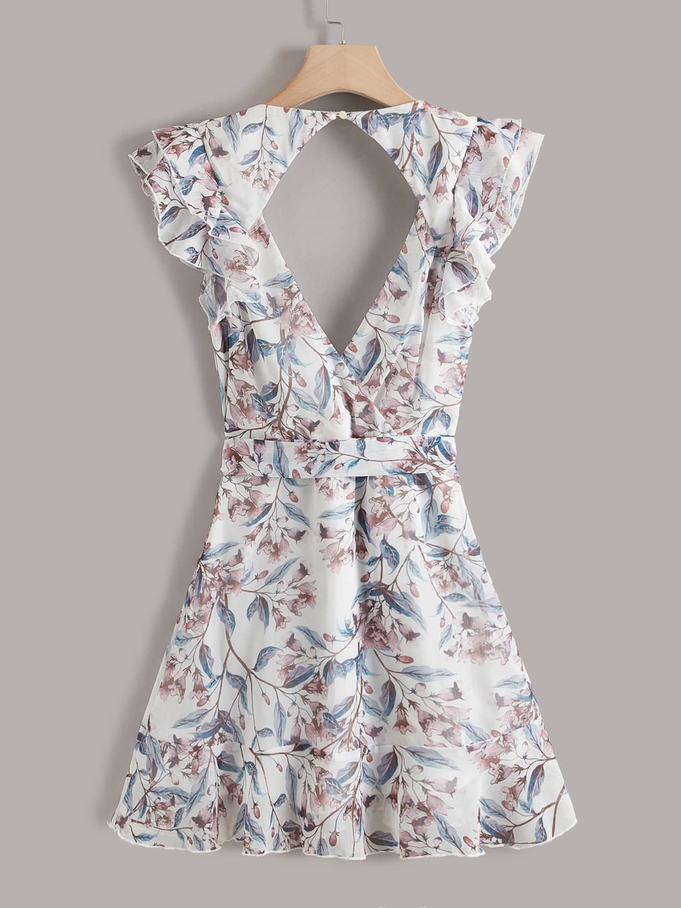 Floral Print Ruffle Trim Belted Dress
