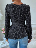Polka Dot Print Flounce Sleeve Hanky Hem Belted Blouse