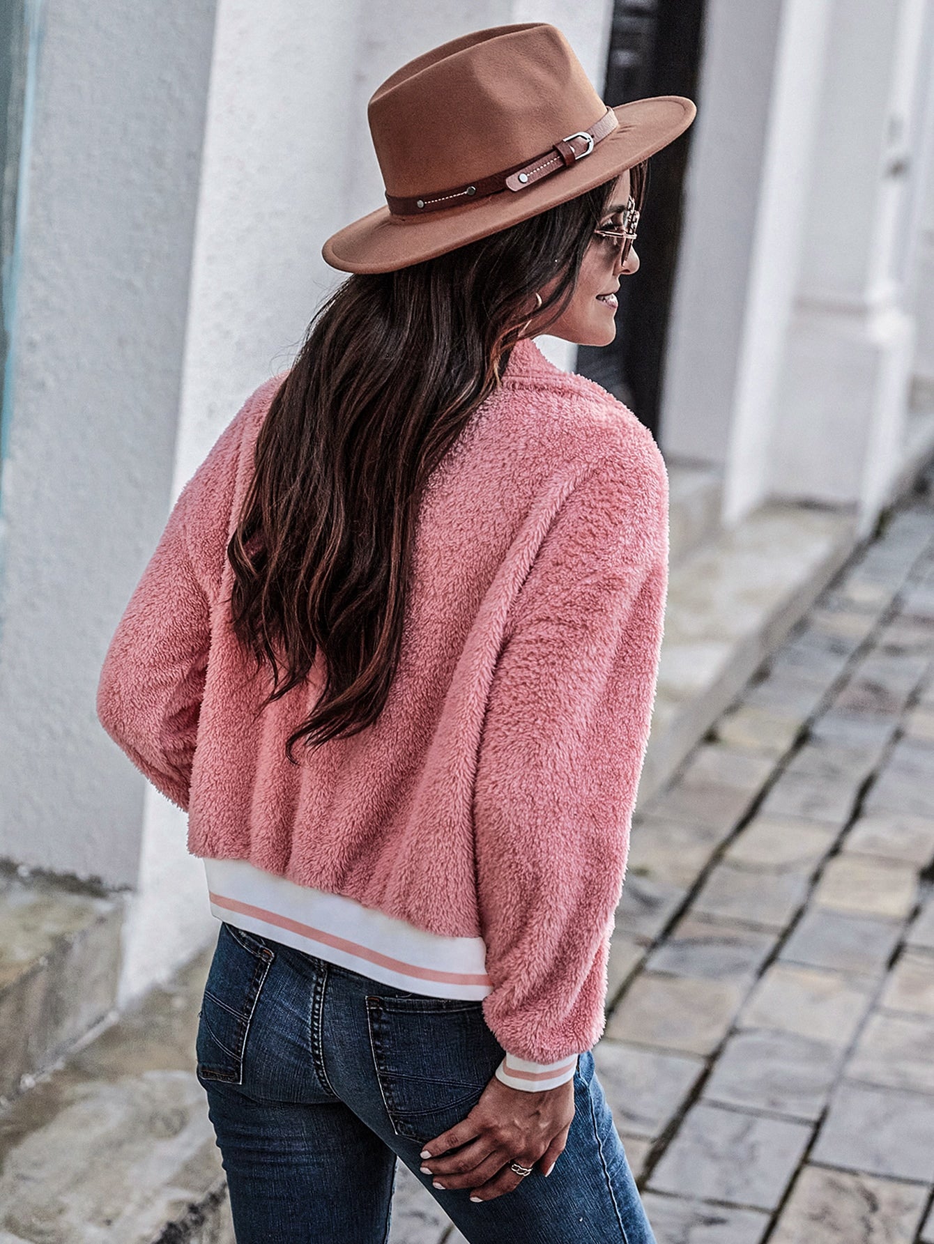 Striped Trim Drop Shoulder Teddy Jacket