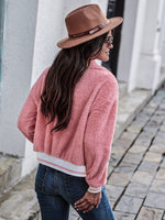 Striped Trim Drop Shoulder Teddy Jacket