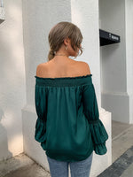 Off Shoulder Shirred Frilled Gathered Sleeve Satin Blouse