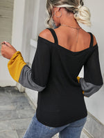 Color Block Lantern Sleeve Cold Shoulder Tee