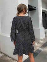 Confetti Heart Print Lantern Sleeve Belted Dress
