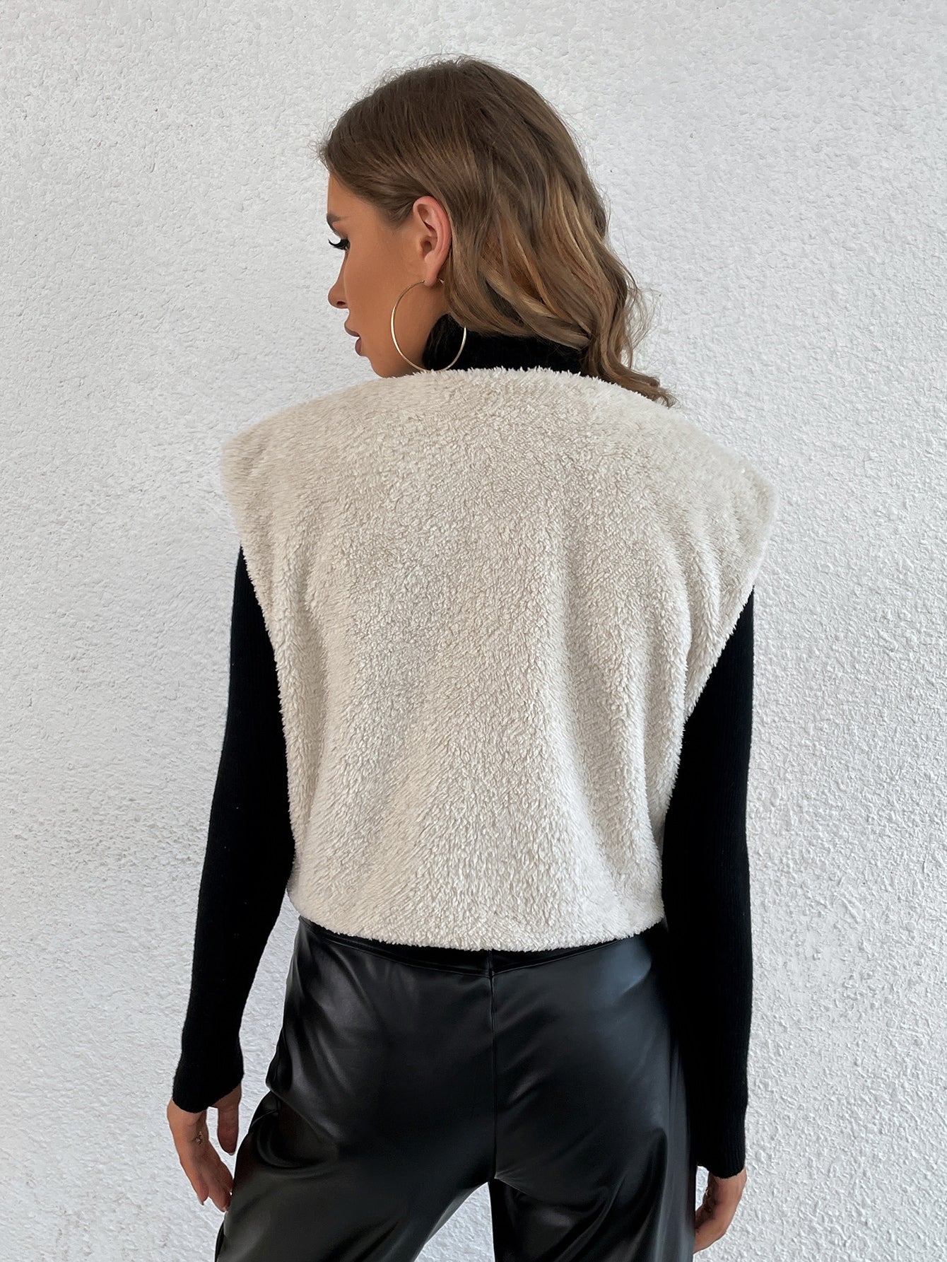 Open Front Crop Teddy Vest Jacket