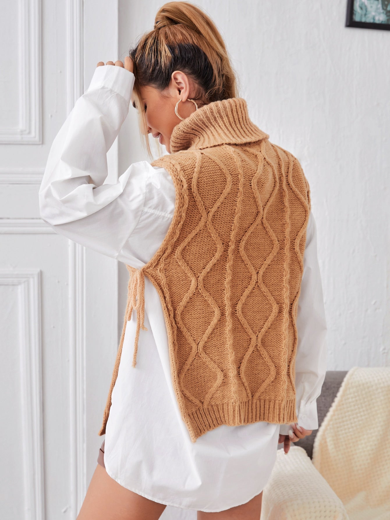 Argyle Knit Turtleneck Knot Side Sweater Vest Without Top