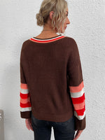 Striped Trim Drop Shoulder Contrast Panel Sweater