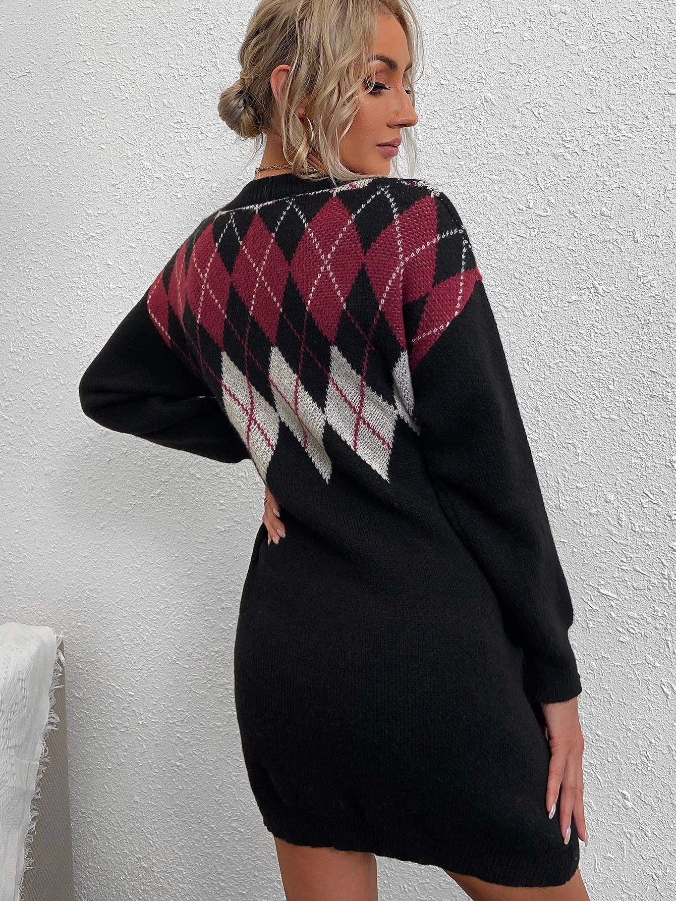 Argyle Pattern Drop Shoulder Sweater Dress Without Belt